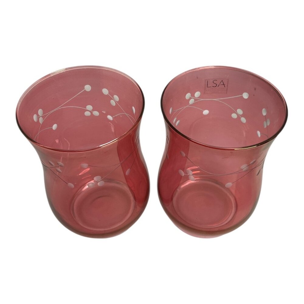 LSA International Pink Glass Vases Set of 2 Hand Painted Bud Vases Mid 2000s Mod